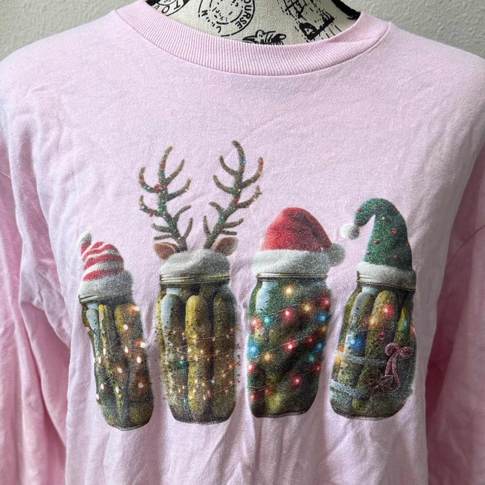 Christmas Pickle Pink Long Sleeve T-shirt size M - Picture 2 of 5